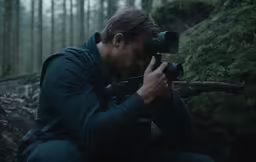 a man sitting in the woods and looking into his camera