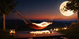 a hammock with lights at sunset next to a tree,a hammock with candle lights is on a picnic table