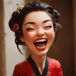 an asian woman is laughing with her teeth wide open