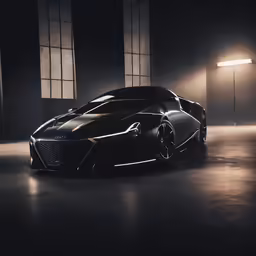 a black and white lamb sports car in a dark room