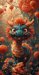 a dragon with long horns is sitting among the flowers