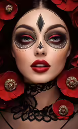 a woman with red flowers in her hair