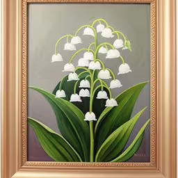 a painting of white flowers on a gray background,a painting with lily of the valley flowers,a painting with flowers is being shown as if in a frame,a painting of a plant with flowers,a painting of a white flower is framed in a gold frame