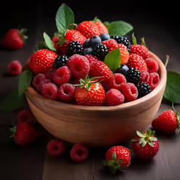 a wooden bowl full of raspberries, strawberries and blackberries