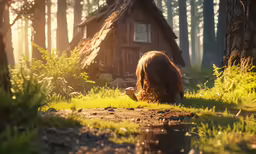 the girl lies on the ground and looks at a small house