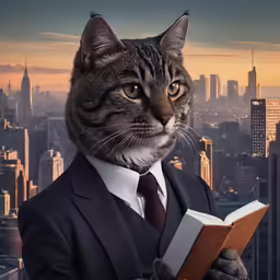 a cat in a suit with a book in it