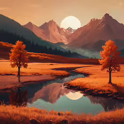 an abstract painting of three trees and mountains,the reflection of a beautiful mountain landscape in a body of water