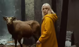 a woman stands next to a large animal in a dark forest