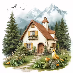 a painting of an english cottage in front of mountains