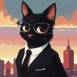 a black cat in a suit and glasses standing against a city background