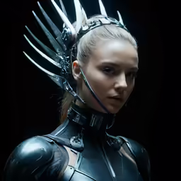 a woman dressed in metal gear with a large comb on her head