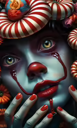 an artistic photograph of a clown with her mouth painted red