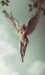 a woman with white wings is flying high in the sky