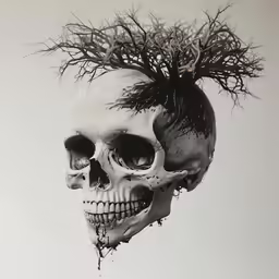 a human skull with a weird hair mohawk and two different eyes