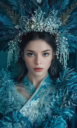 a woman wearing blue costume with feathers and flowers on her head