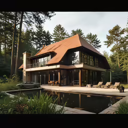 the house is built on top of a slope near a water pond