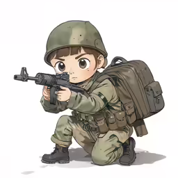 an army soldier is squatting with his rifle