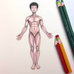 colored pencils next to a drawing of the muscles,this illustration depicts the muscles and bones in the body
