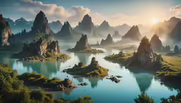 a painting of a river surrounded by mountains