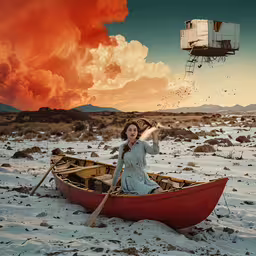 a woman in a red boat on a sandy beach,the woman is in the red canoe on the snowy ground