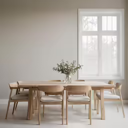 a wooden table sitting in front of a white window