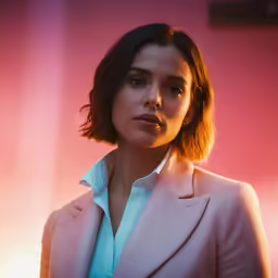 a woman in white jacket and blue shirt staring