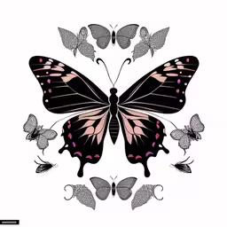 black, white and pink butterfly with wings spread,black, pink and white butterfly flying over a plant
