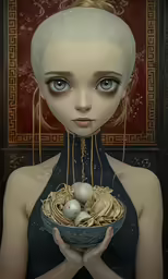 a woman holding an elaborate bowl full of noodles