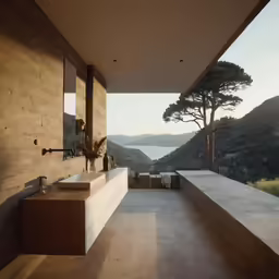 a modern house on a hillside overlooks a lake