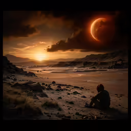 a person sits on the beach under a full moon