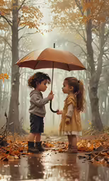 two small kids standing under an umbrella and talking