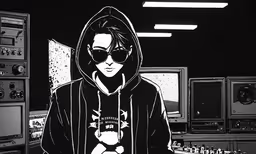 the person in the hoodie is holding something,a cartoon man wearing a hoodie in a dark room