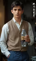 a young man holding a bottle while wearing a vest