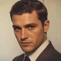 a man with dark hair and a white shirt in front of a wall