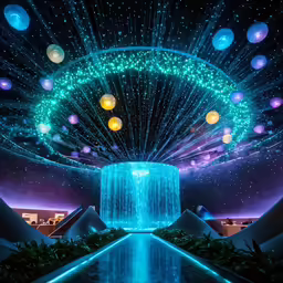 a room with various lights and a waterfall