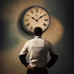 a man standing in front of a wall clock