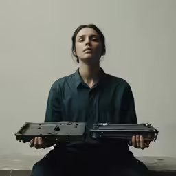 a woman sits in front of two briefcases