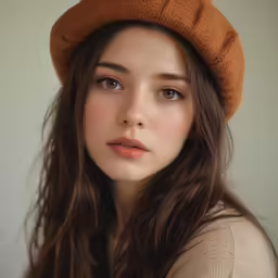 a young woman in a brown hat with long hair