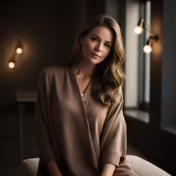 a woman is sitting and posing in front of window