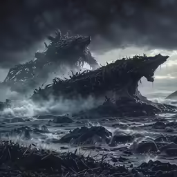 an artistic photo of a large floating structure in the ocean