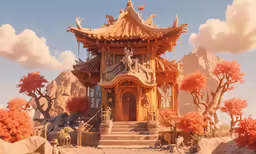 a small ornate building near a mountain and trees
