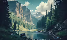 the mountain stream runs through the pine forest