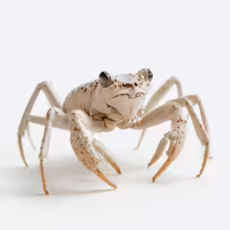a white crab with long legs, eyes and head on white