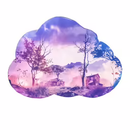 a cloud shaped image overlaids the landscape in an illustration