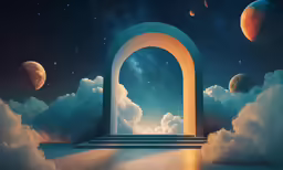 a surreal scene with an arch to the heaven
