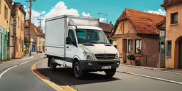 an electric mercedes van drives through the middle of a narrow road,an image of a delivery truck driving down the road