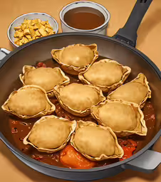 several dumplings in a pan filled with sauce and toppings,there are many empanas on a pan