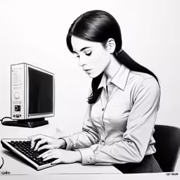 a woman is working on her computer with a large monitor and keyboard