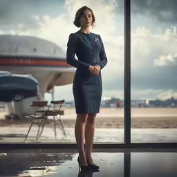 a woman stands by an air plane in a wet runway