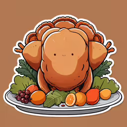 a sticker with a turkey sitting on top of vegetables,a turkey with many leaves on it and fruit